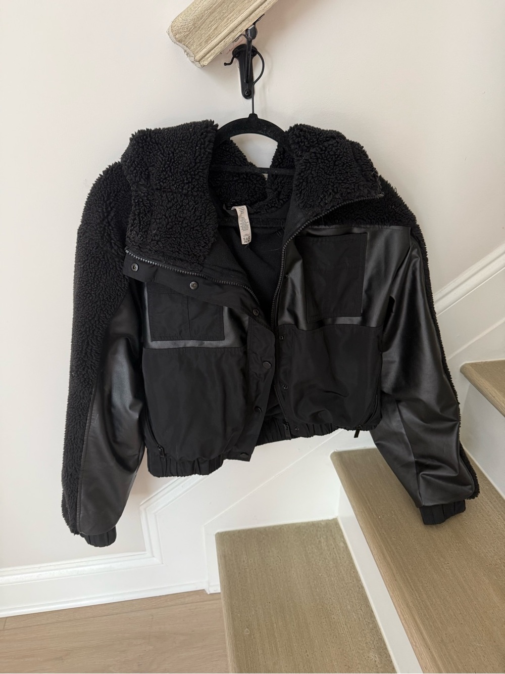 ALO Yoga Black Mixed-Media Teddy Bomber Jacket